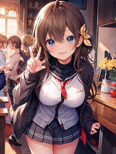 smile,best smile,double peace,cardigan,miniskirt,masterpiece,best quality,ultra detailed,high resolution,extremely detailed cg, ...