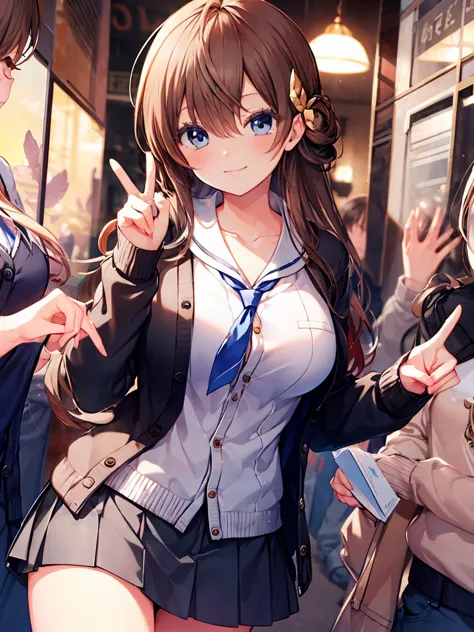 smile,best smile,double peace,cardigan,miniskirt,masterpiece,best quality,ultra detailed,high resolution,extremely detailed cg, ...