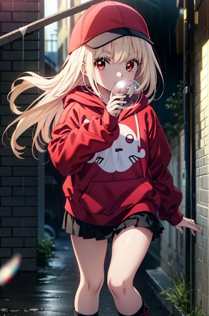 , Chisato Nishikigi, longueur, frange, blond, (les yeux rouges:1.5), Casquette de baseball,Sweat à capuche rouge oversize,mini jupe,Chaussettes noires,bottes courtes,Debout appuyé contre un mur,pluie,nuageux,Cachez-vous sous le toit,tout le corpsがイラストに入るように,souffler du bubble gum,
casser outdoors, ruelle,
casser looking at viewer, tout le corps,
casser (chef-d&#39;œuvre:1.2), la plus haute qualité, haute résolution, unité 8k fond d&#39;écran, (forme:0.8), (Belle attention aux détails:1.6), visage extrêmement détaillé, éclairage parfait, CG extrêmement détaillé, (des mains parfaites, Anatomie parfaite),