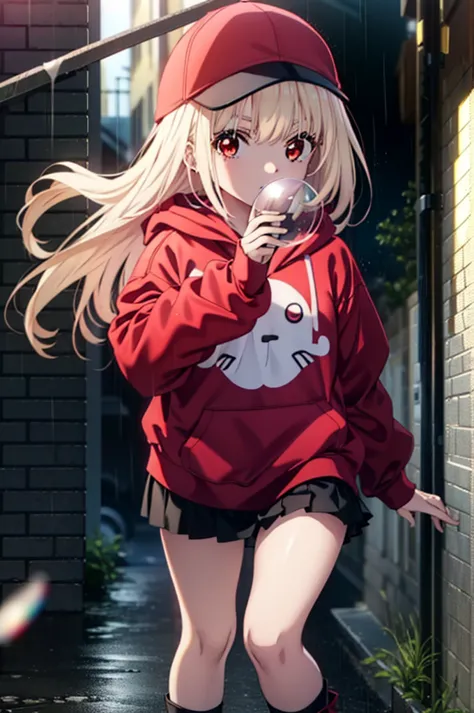 , Chisato Nishikigi, length, bangs, blonde, (Red eyes:1.5), Baseball cap,Oversized red hoodie,mini skirt,Black knee socks,short ...