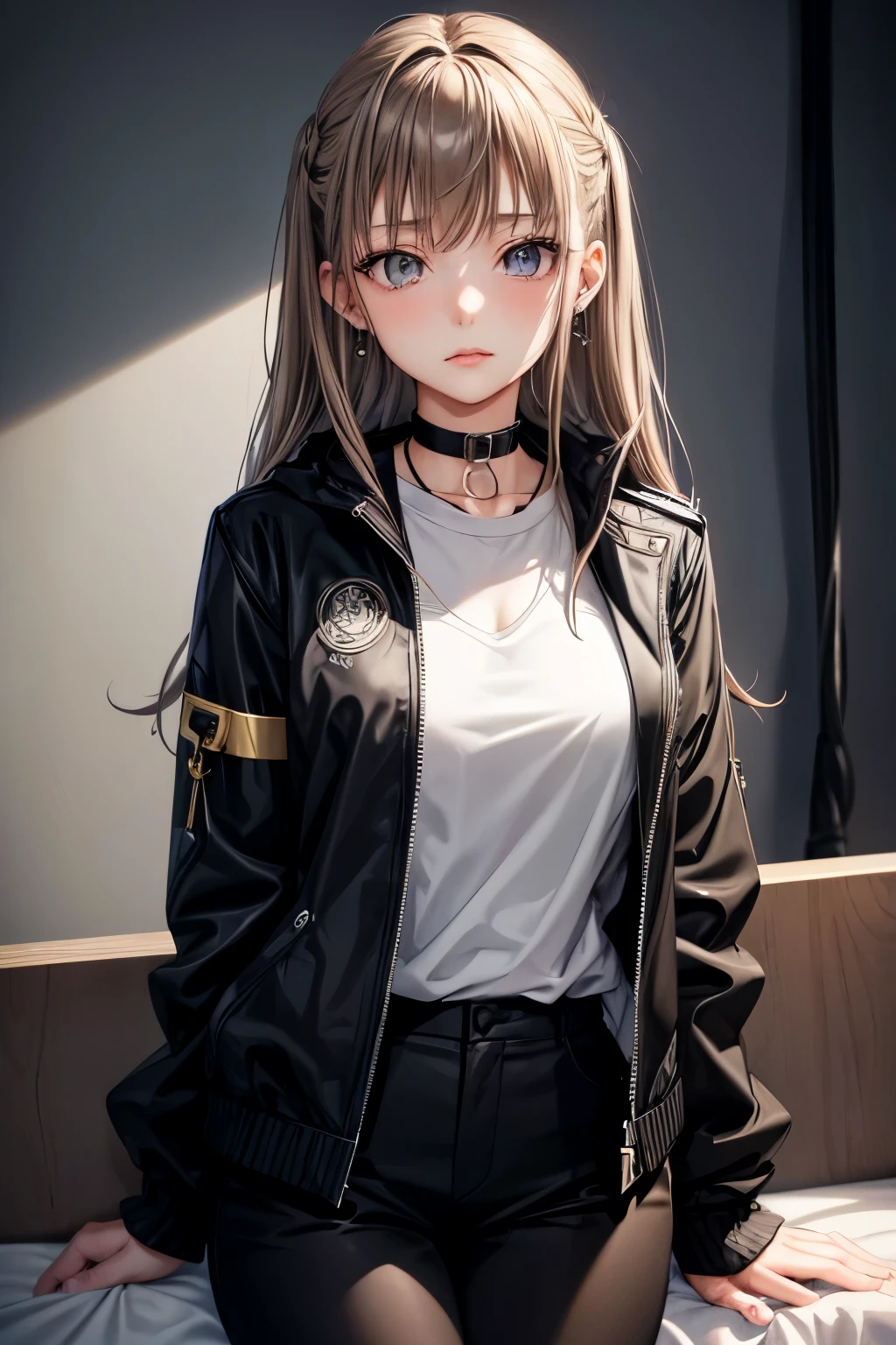 Young girl about 20 years old, Anime, grey eyes, light brown wavy hair, in a black jacket, and black trousers, with a pierced lip earring, with an earring on the lower lip, background beige bed, there is a rope and handcuffs on the bed