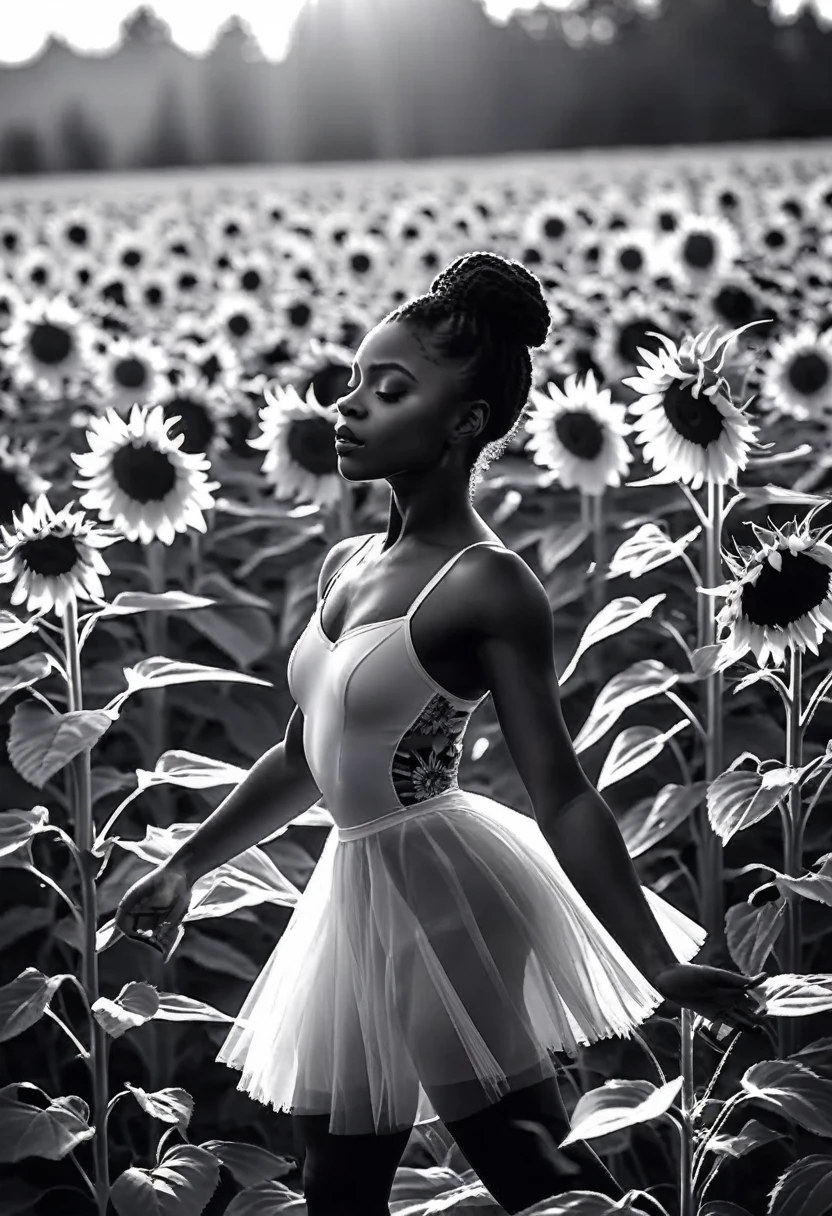 黑人女芭蕾舞演员在向日葵田里跳舞, 黑白图像，只有向日葵是彩色的, 阳光在电影场景中闪耀着美丽的低光. 