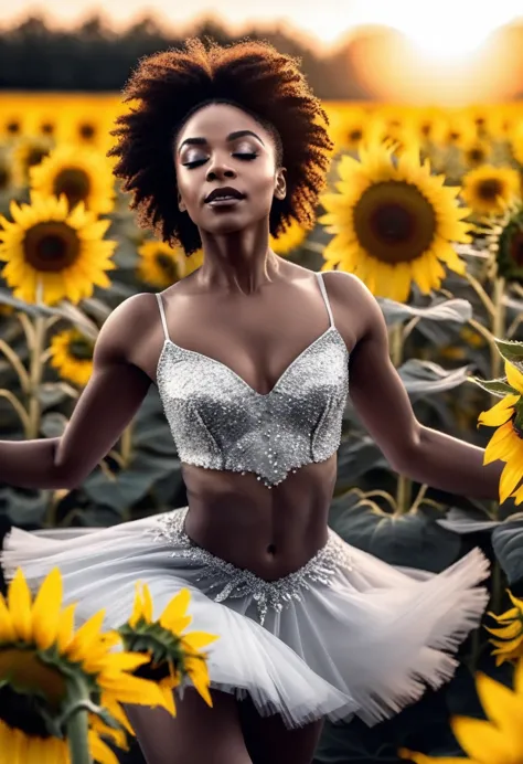 Black woman ballerina dancing in a field of sunflowers, black and white image with only the sunflowers in colour, sunlight shini...