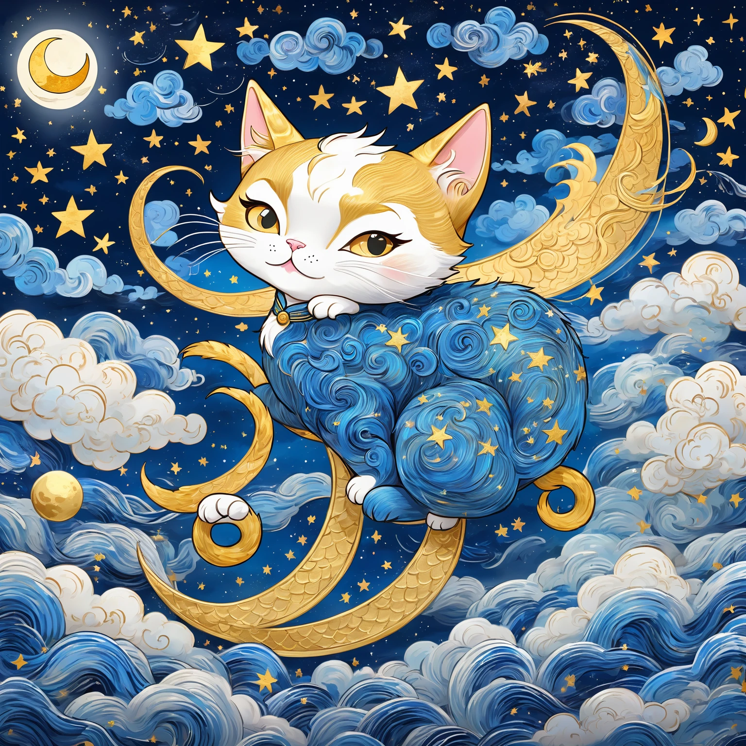 Cartoon Animation，Hand drawn style：粗糙的texture，（1 standing cat，Unique，A bow on the head）cloud，Star，moon，dragon，Beautiful details，texture，blue and gold，Immerse yourself in the art of Van Gogh，layered art，Winding lines
