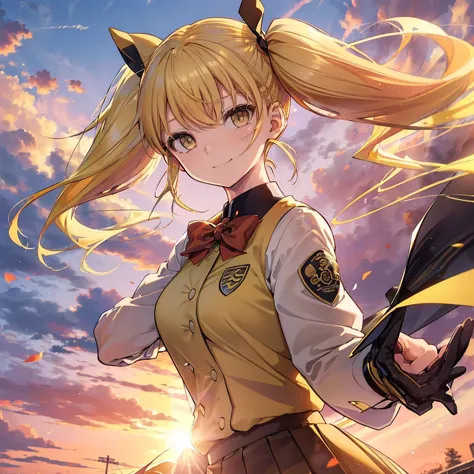 (((Shinomiya Kikoru)))　((Yellow Hair　Twin tails　uniform))　(smile　Jump)　sunset　Shining Background　Shining Edge