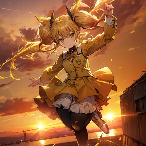 (((Shinomiya Kikoru)))　((Yellow Hair　Twin tails　uniform))　(smile　Jump)　sunset　Shining Background　Shining Edge
