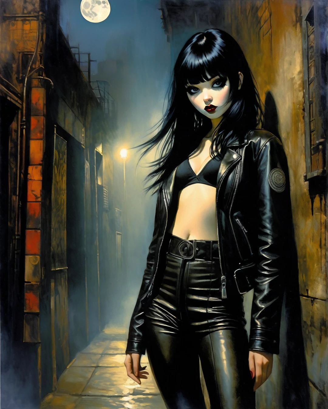 Masterpiece, photorealistic, highly detailed, a young woman with smooth  dark long black hair with bangs and black eyes and black lips, wearing leather jacket and leather pants, standing, looking at camera, in a gloomy smoke filled alley at night with a full moon, (Dave Mckean inspired art, intricate details, oil painting)
