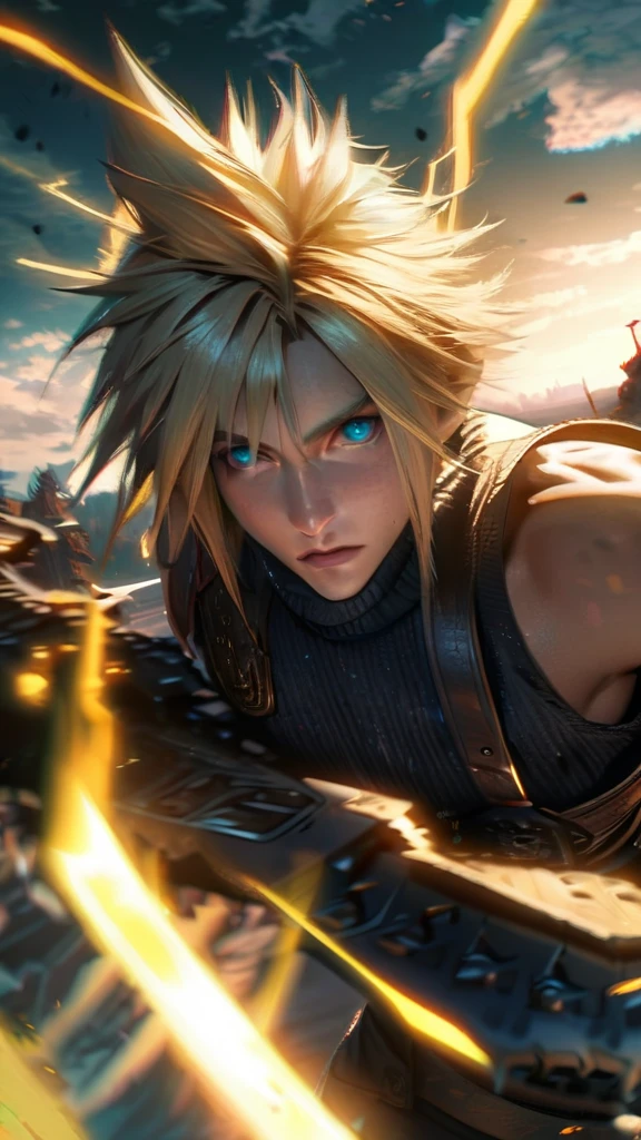 Symetrical,absurdres, highres, ultra detailed, HDR, masterpiece, extremely detailed face and eyes, Cloud Strife,final fantasy 7, yellow hair , , solo, man, handsome, ,, ,Epic fight scene, yellow lightning effect, glowing glitters, symetrical , 