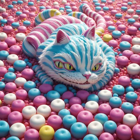 Tri-primary colors, DIGITALBREAK Cheshire Cat made of floating marshmallows, Alice in Wonderland, BREAK Maximum details, by Anna...