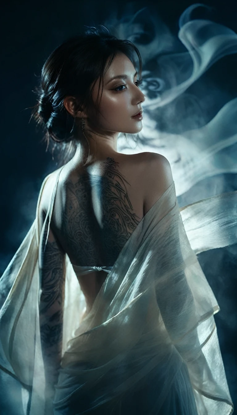 Double Exposure Style,Volumetric Lighting,a girl (Supermodel) with Wrap top,arching her back, beautiful tattoo, Traditional Attire,Artistic Calligraphy and Ink,light depth,dramatic atmospheric lighting,Volumetric Lighting,double image ghost effect,image combination,double exposure style,