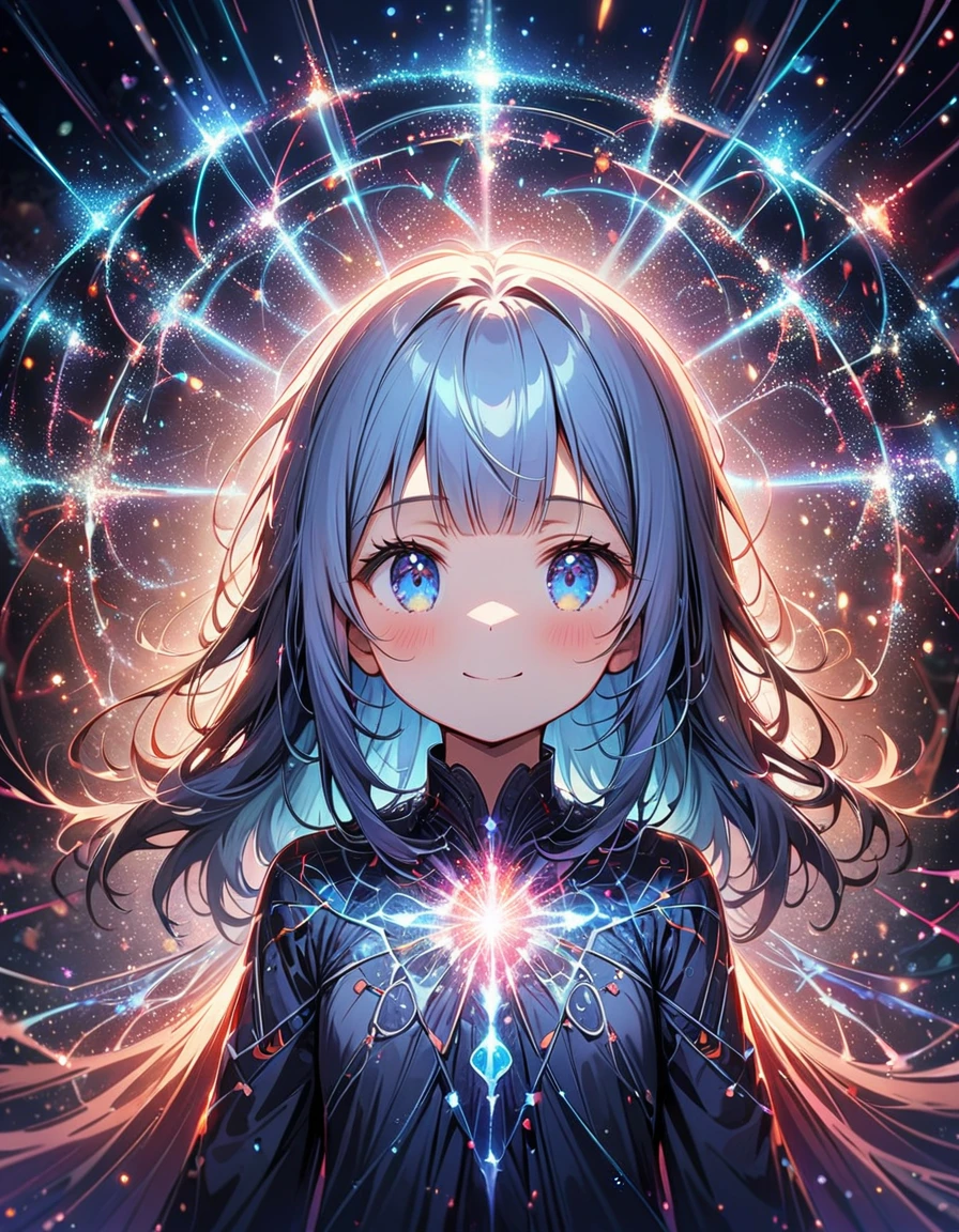 masterpiece, best quality, extremely detailed, (illustration, official art:1.1), 1 girl ,(((( light blue long hair)))),pale blue hair,loli, long hair ((blush)) , cute face, big eyes, masterpiece, best quality,(((((a very delicate and beautiful girl))))),Amazing,beautiful detailed eyes,blunt bangs((((little delicate girl)))),tareme(true beautiful:1.2), sense of depth,dynamic angle,,,, affectionate smile, (true beautiful:1.2),,(tiny 1girl model:1.2),)(flat chest)、In an atmospheric and ethereal portrait, a paranormal luminescent neural network takes center stage. Image, amazingly detailed photo, reflects the interaction of mystical glow and advanced technology. Neural network floats in limbo, her circuits pulsate with an otherworldly light, as if there was a sentient being living inside. Threads of red-hot energy intertwine, creating a mesmerizing glow, which illuminates the environment. Flawless image quality clearly reveals complex network structure, inviting viewers to ponder the mysterious secrets, which it stores.
