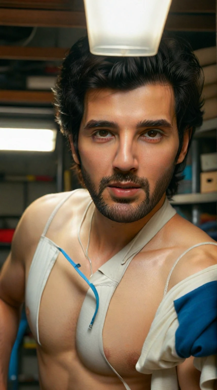 Josh zuckerman a man in a garage in underwear, bulge, ((masterpiece -  SeaArt AI