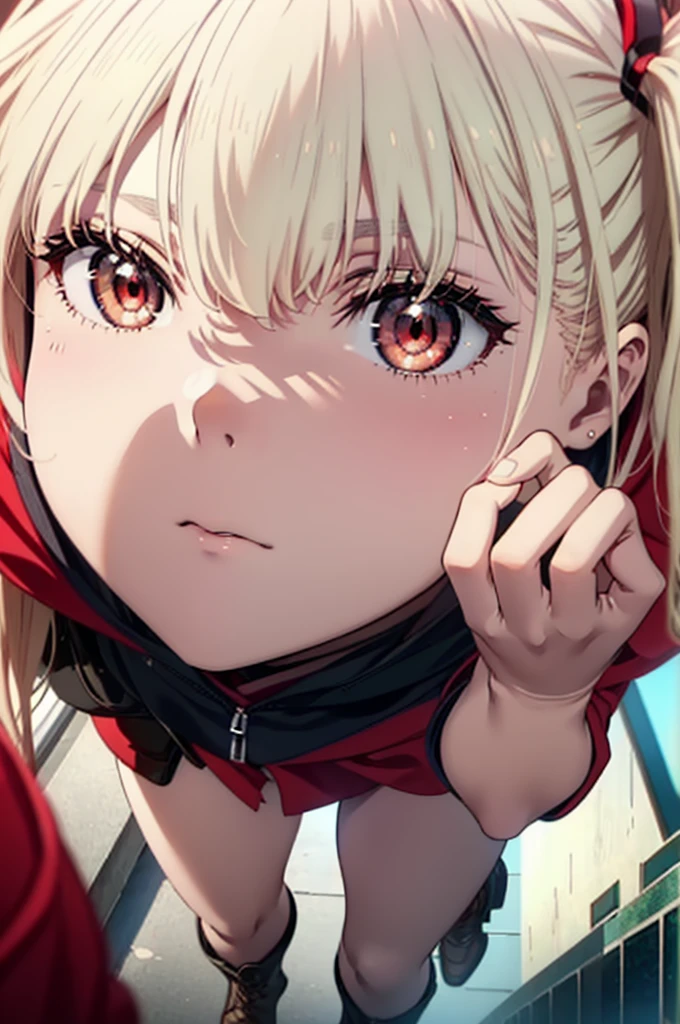 , Chisato Nishikigi, length, bangs, blonde, (Red eyes:1.5), Baseball cap,Oversized red hoodie,mini skirt,Black knee socks,short boots,Standing with one&#39;s back against a wall,He has his hands in his hoodie pockets.,rain,cloudy,Hide under the roof,whole bodyがイラストに入るように,Blowing bubble gum,
break outdoors, alley,
break looking at viewer, whole body,
break (masterpiece:1.2), Highest quality, High resolution, unity 8k wallpaper, (shape:0.8), (Beautiful attention to detail:1.6), extレムely detailed face, Perfect lighting, extレムely detailed CG, (Perfect hands, Perfect Anatomy),