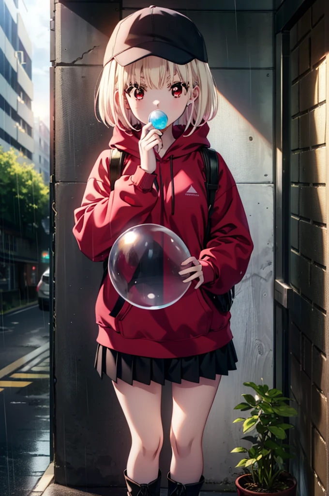 , Chisato Nishikigi, length, bangs, blonde, (Red eyes:1.5), Baseball cap,Oversized red hoodie,mini skirt,Black knee socks,short boots,Standing leaning against a wall,rain,cloudy,Hide under the roof,whole bodyがイラストに入るように,Blowing bubble gum,
break outdoors, alley,
break looking at viewer, whole body,
break (masterpiece:1.2), Highest quality, High resolution, unity 8k wallpaper, (shape:0.8), (Beautiful attention to detail:1.6), extレムely detailed face, Perfect lighting, extレムely detailed CG, (Perfect hands, Perfect Anatomy),