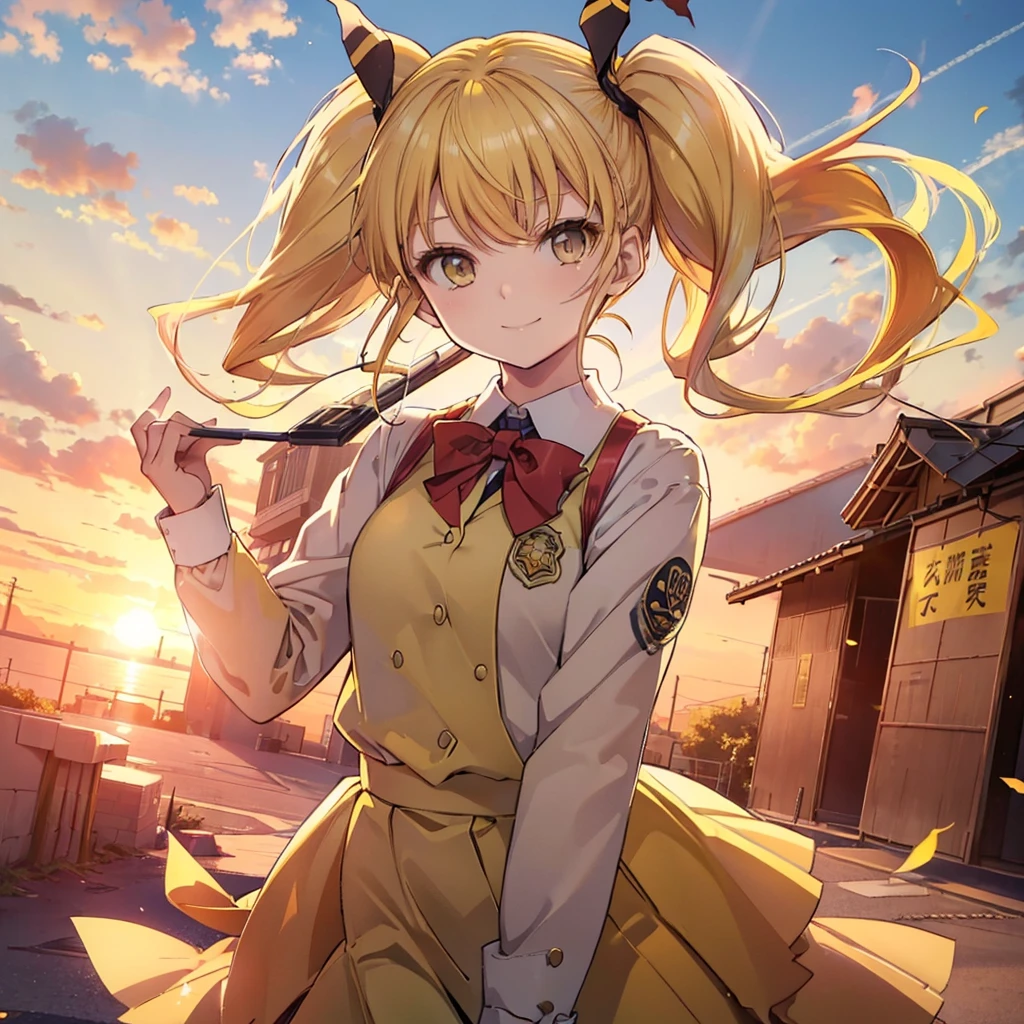 (((Shinomiya Kikoru)))　((Yellow Hair　Twin tails　uniform))　(smile　Jump)　sunset　Shining Background　Shining Edge