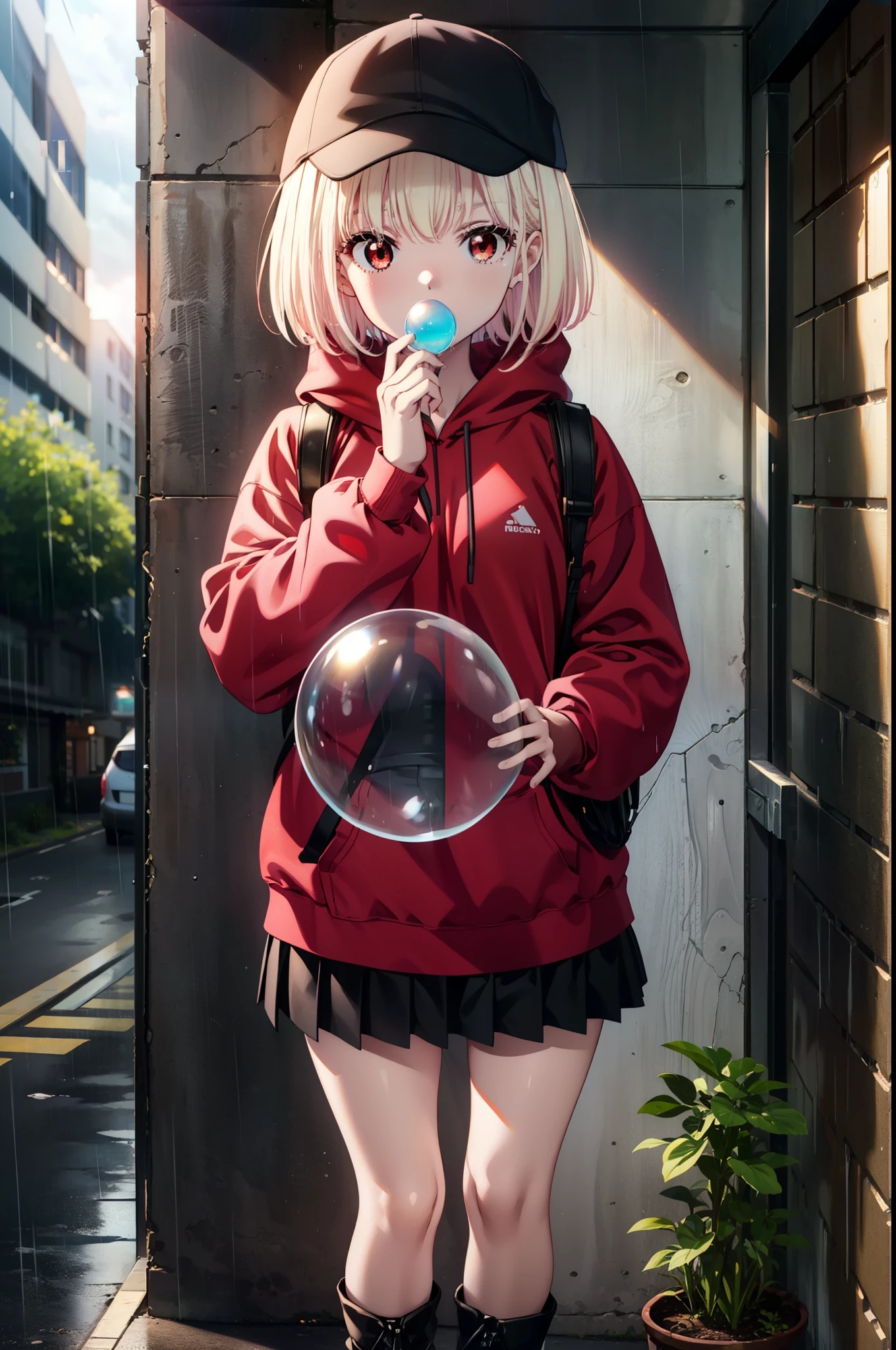 , Chisato Nishikigi, Länge, bangs, blonde, (rote Augen:1.5), Baseball Kappe,übergroßer roter Hoodie,Minirock,Schwarze Kniestrümpfe,kurze Stiefel,An eine Wand gelehnt stehen,Regen,wolkig,Verstecke dich unter dem Dach,ganzer Körperがイラストに入るように,Kaugummi blasen,
brechen outdoors, Gasse,
brechen looking at viewer, ganzer Körper,
brechen (Meisterwerk:1.2), höchste Qualität, Hohe Auflösung, Einheit 8k Hintergrundbild, (Form:0.8), (Schöne Liebe zum Detail:1.6), Extrem detailliertes Gesicht, Perfekte Beleuchtung, Extrem detaillierte CG, (perfekte Hände, Perfekte Anatomie),