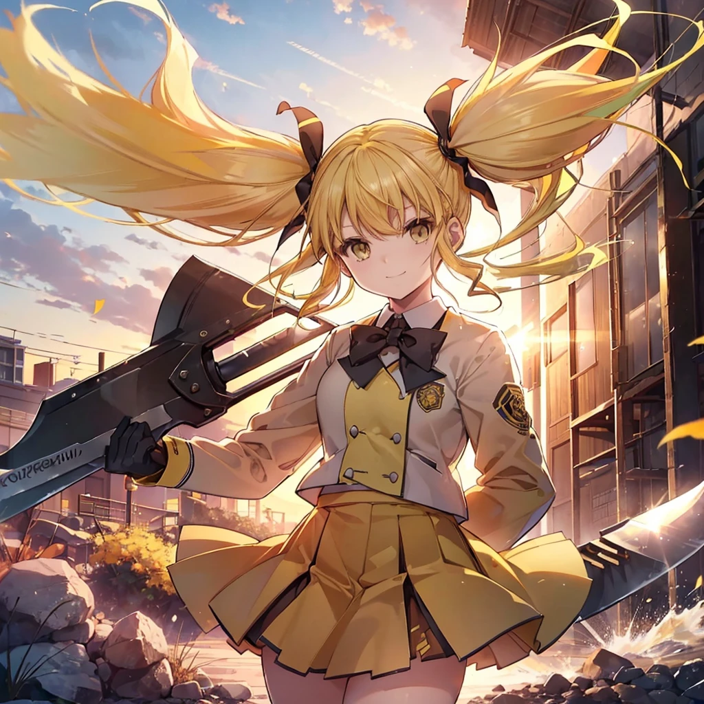 (((Shinomiya Kikoru　Big Axe)))　((Yellow Hair　Twin tails　uniform))　(smile　Jump)　sunset　Shining Background　Shining Edge