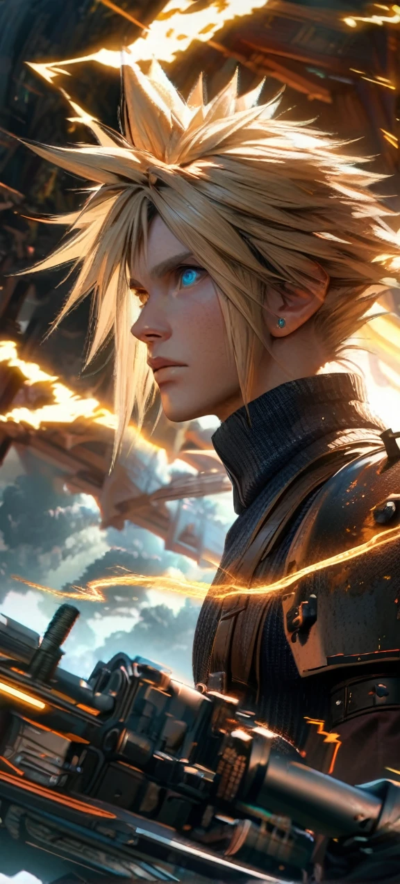 Symetrical,absurdres, highres, ultra detailed, HDR, masterpiece, extremely detailed face and eyes, Cloud Strife,final fantasy 7, yellow hair , , solo, man, handsome, ,, ,Epic fight scene, yellow lightning effect, glowing glitters, symetrical , 