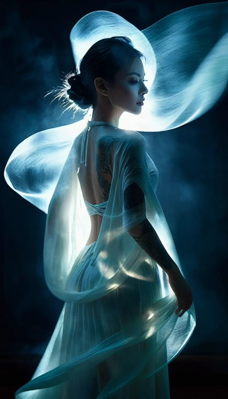 Double Exposure Style,Volumetric Lighting,a girl (Supermodel) with Wrap top,arching her back, beautiful tattoo, Traditional Attire,Artistic Calligraphy and Ink,light depth,dramatic atmospheric lighting,Volumetric Lighting,double image ghost effect,image combination,double exposure style,