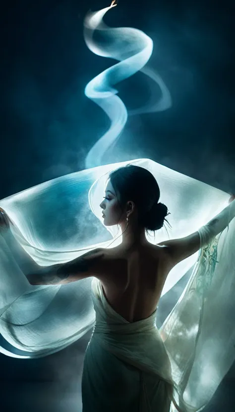 double exposure style,volumetric lighting,a girl (supermodel) with wrap top,arching her back, beautiful tattoo, traditional atti...