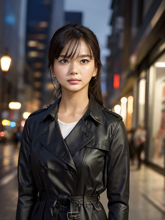 (Black trench coat), (Ultra-high resolution), (masterpiece), (Attention to detail), (high quality), (最high quality), (Upper Body Shot) , One Girl , background, Night view, City, Neon Light, modern, stylish, cool, Street lamp, skyscraper, Light and shadow, contrast, mysterious, Sophisticated, after the rain, reflection, specular effect, cool, chic, monochrome