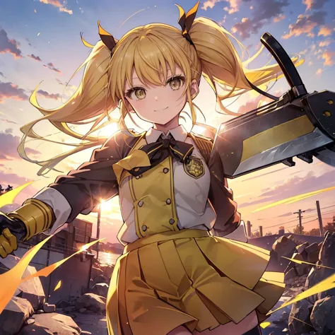 (((Shinomiya Kikoru　Big Axe)))　((Yellow Hair　Twin tails　uniform))　(smile　Jump)　sunset　Shining Background　Shining Edge