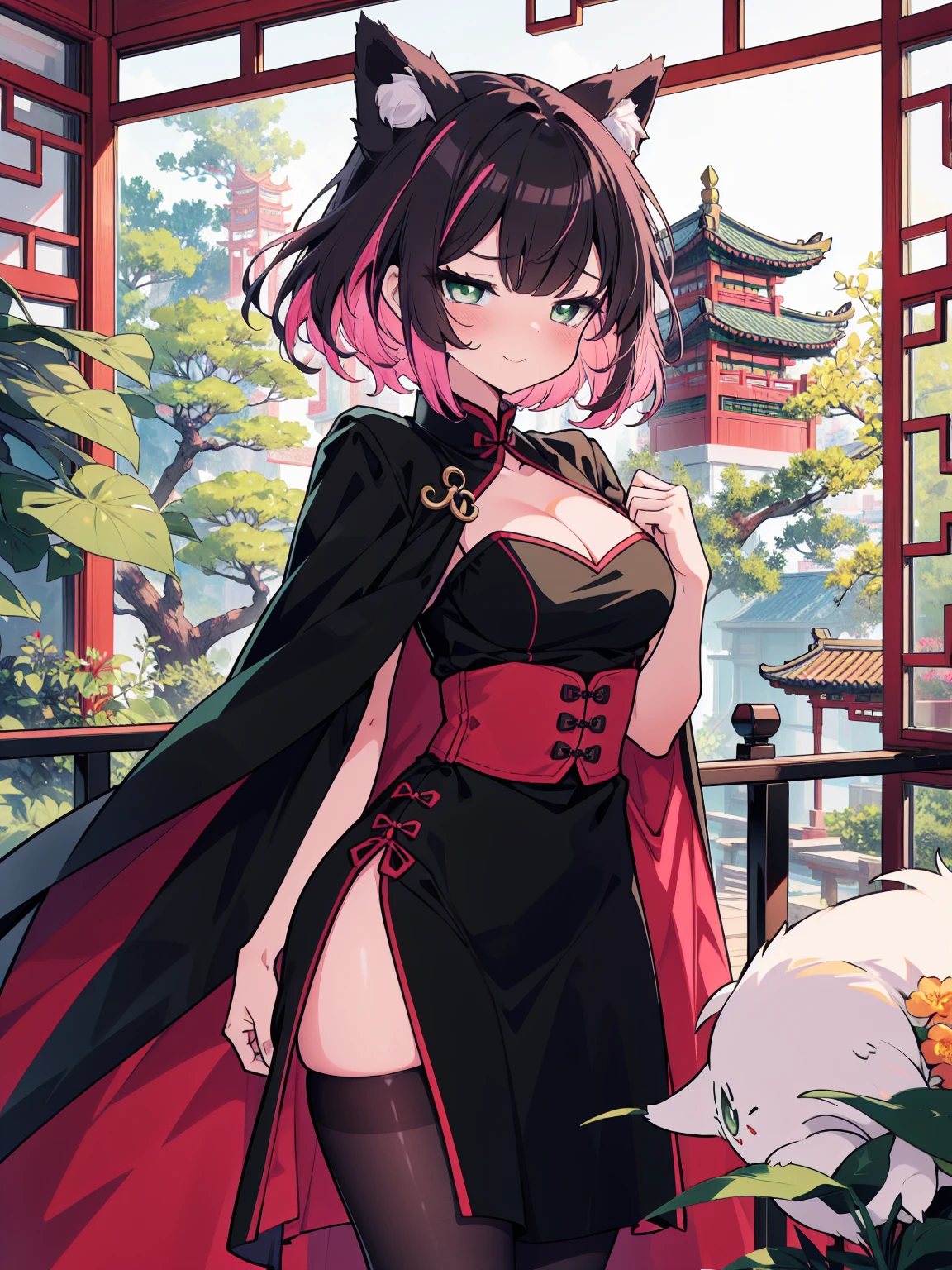 (cowboy shot), (colorful:1.1), (ultra-high resolution, depth of field:1.2), (Tingyun:1.1), solo, fox ears, (puffy fox tail), (black hair), inner pink hair, bangs, green eyes, (red underlined), (medium breasts), (long dress), (long black dress with a waist cincher), crossed collar shirt, cleavage, pantyhose, cape, smile, squinting, Chinese garden scenery