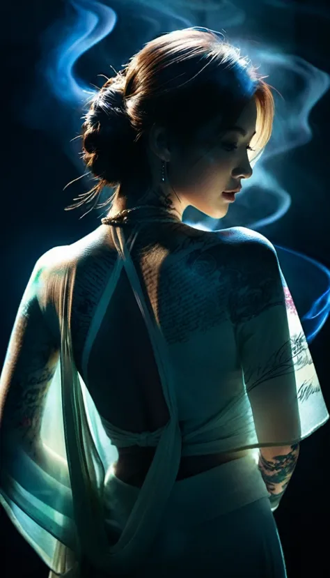 double exposure style,volumetric lighting,a girl (supermodel) with wrap top,arching her back, beautiful tattoo, traditional atti...