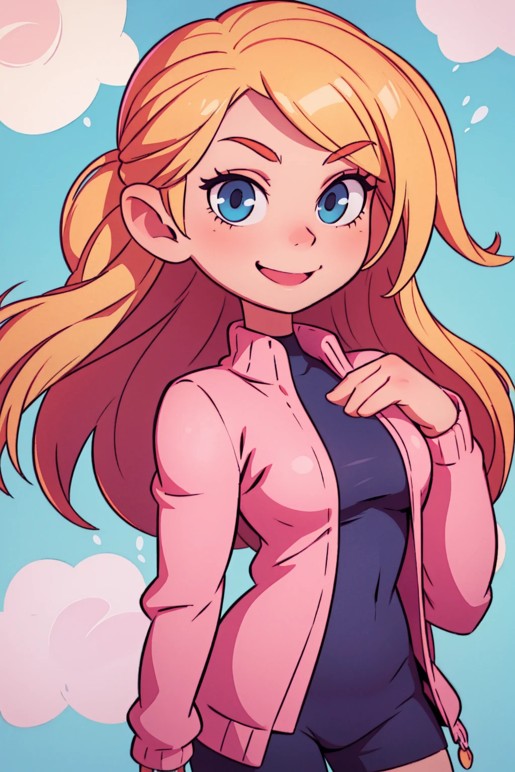 cartoon solo woman cute twitch emote, long blonde hair, pink highlights, blue eyes, pink oversized sweater over the shoulders, red horns with a mischievous smile