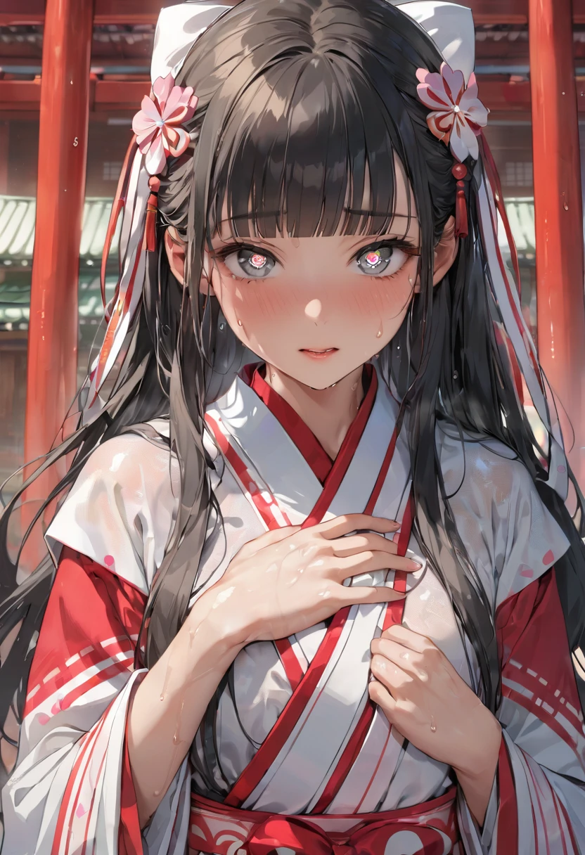 (sweaty skin) (standing, in the Fukuoka hakata city), (pov close up face) solo:2, 15 yo, ((blunt bangs)) (black hair long hair panic:1.4 shrine maiden girl), (((heart shaped:1.2 pupils gray eyes))), hand put on own chest, in a shrine maiden clothes, BREAK, perfect anatomy, masterpiece, best quality, 16k, beautiful detailed grow, daydreaming expression.