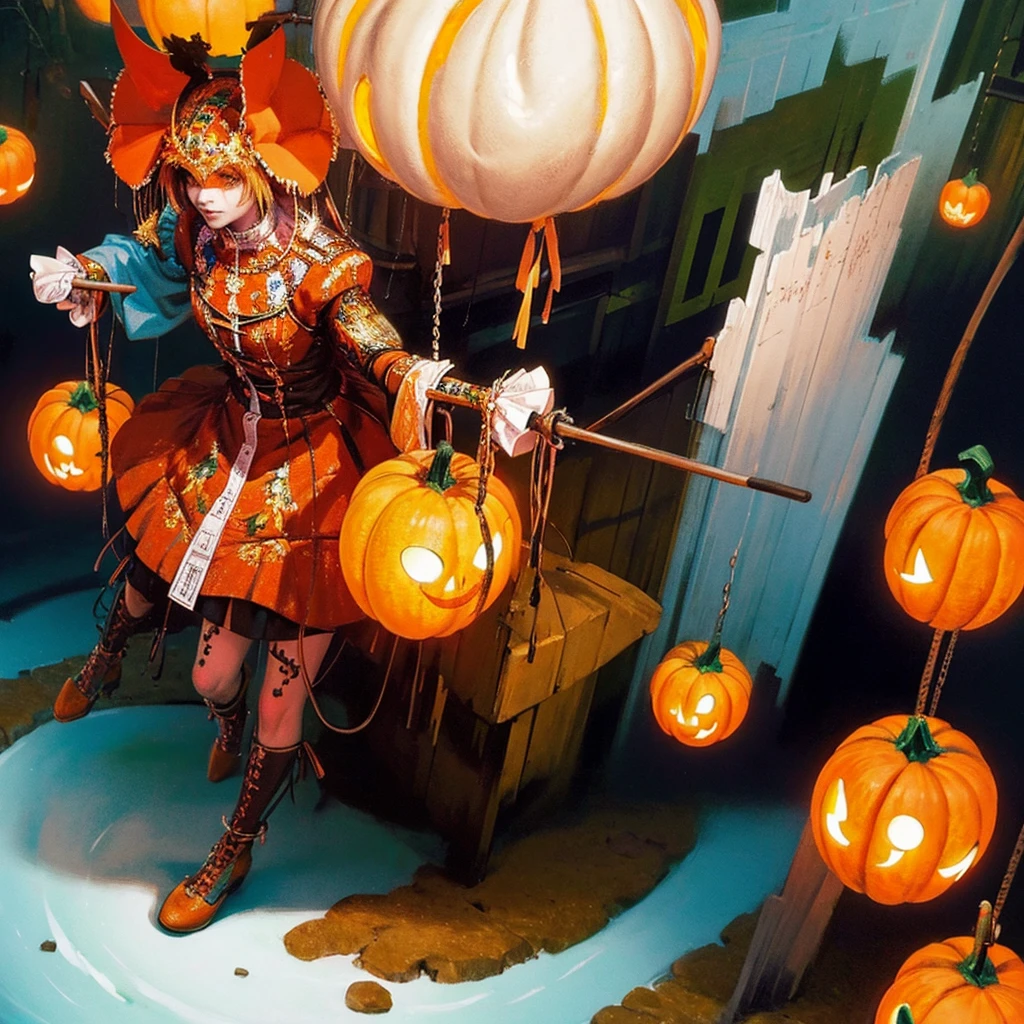 un espantapájaros de calabaza de terror dinámico, hermoso ángulo, dibujo a lápiz de color, Arte conceptual, estilo cómic, detalles intrincados, alta calidad, Híper realista, extremadamente detallado, 8K, obra maestra, colores vívidos, iluminación dramática, atmósfera de mal humor