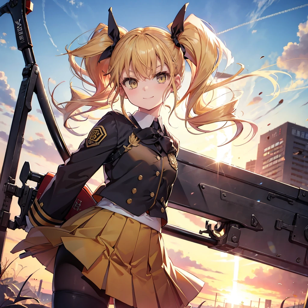 (((Shinomiya Kikoru　Big Axe)))　((Yellow Hair　Twin tails　uniform))　(smile　Jump)　sunset　Shining Background　Shining Edge