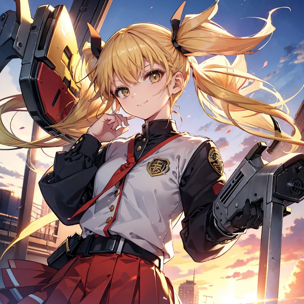 (((Shinomiya Kikoru　Big Axe)))　((Yellow Hair　Twin tails　uniform))　(smile　Jump)　sunset　Shining Background　Shining Edge