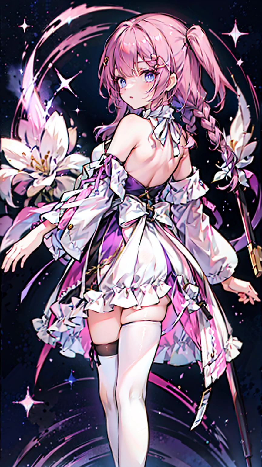 This character is a beautifully designed anime-like character with delicate features. She has long pastel purple hair that flows down to her ankles, and her bangs are swept to the side. Her eyes are large and expressive, with pink irises often seen on anime-style characters. She wears a fantasy-inspired outfit that combines purple and black colors with gold accents. The outfit includes a fitted bodice with a high collar, ruffles, lace detailing, and ribbon-knit thigh-high stockings. Characters are decorated with ribbon-like accessories, such as large ribbons in their hair and small ribbons in their costumes. She also has gold chains dangling from her hips and thighs. She is wearing a swimsuit, which often features frills and purple. It was midnight, and the darkness of the night highlighted the yellow stars. Her back is one-sided with angel wings.