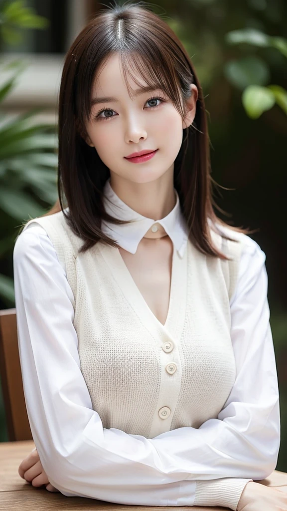 On the table, best quality, Photorealistic, Fine details, high resolution, 8k wallpaper, Perfect dynamic composition, Beautiful and delicate eyes, Medium Length Hair, Full breasts, Casual and sexy pose,Hold your head high and your chest high、(High collar cropped vest white sweater Clear Clave)、(Breast bulge 1.2)、Toothy smile、View from the resort、25 years old、(Sagging eyes 1.4)、Adult Beauty、Japanese