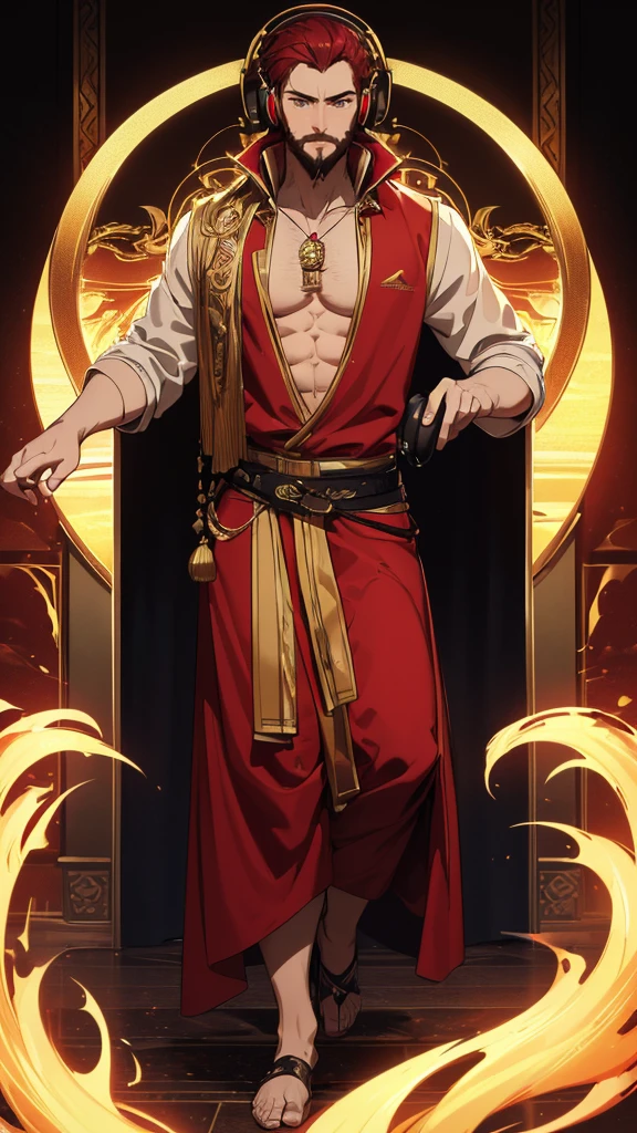 ((8K resolution))、((highest quality))、((masterpiece))、((Very detailed))((((dramatic))), (Anatomically correct)、((theme、whole body:1.1)), Arabian night, red hair, golden eyes, thin beard, smoking, young man, headphones around his neck, Arabian clothes, DJ