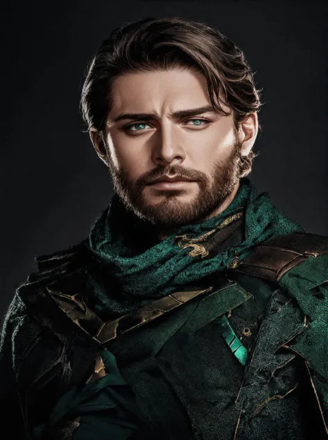 a close-up of a man with a green outfit and beard, mystery, karl urban as dragon slayer, doctor, crocodilo loki, ryan por, maxwe...