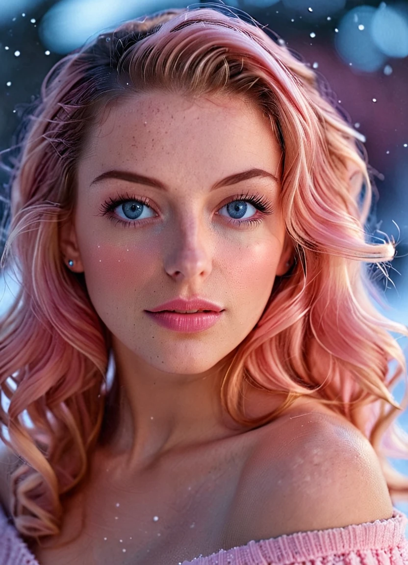 Extreme closeup portrait of an ultra hot gorgeous European woman.age 23, soft 
fit body. She’s a playmate and men magazine model. Pink wavy hair. Blue eyes. Pink turtleneck loose dress. Bare shoulders. She flirts with camera. Snowy Outdoor night studio shot. Bokeh