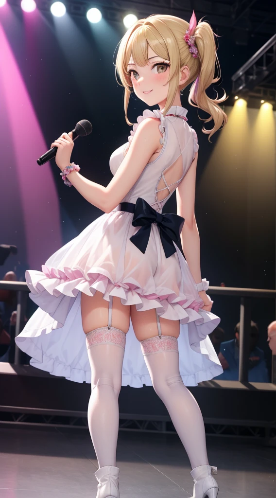 masterpiece, best quality, highly detailed, ultra high res, ayase arisa, 1girl, solo, hazel eyes, hair ornament, short ash blonde hair, (side ponytail), light smile, glossy lips, sleeveless idol dress, very puffy skirt, flared skirt, (see-through skirt), pink thigh highs, white heeled boots, full body, looking back at viewer, crowd, audience