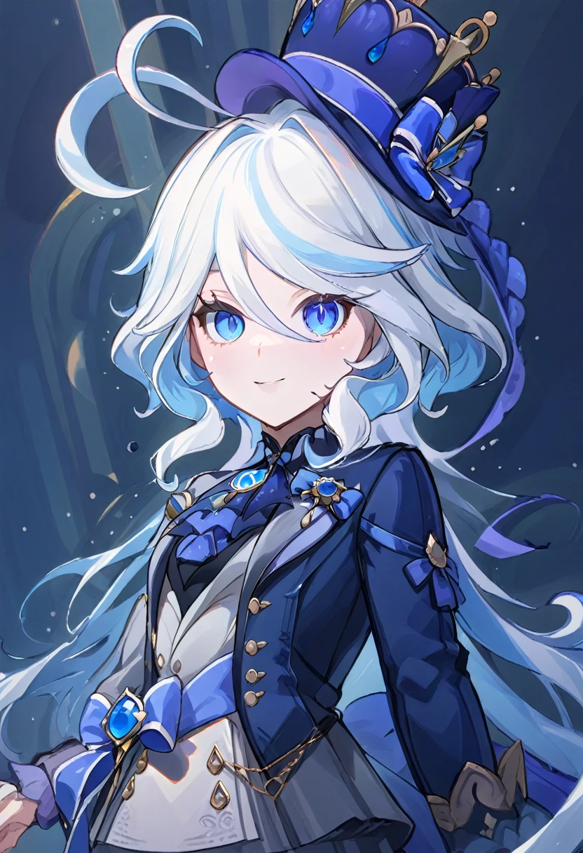 furina,1girl, blue eyes, solo, hat, long hair, looking at viewer, smile, blue hair, bangs, bubble, hair between eyes, white hair, , closed mouth, crown, multicolored hair, air bubble, light rays, ribbon, virtual youtuber, gem(best quality), ((masterpiece)), (highres), (an extremely delicate and beautiful), Instead of furina's default outfit, she's wearing a plaid jacket and jeans.