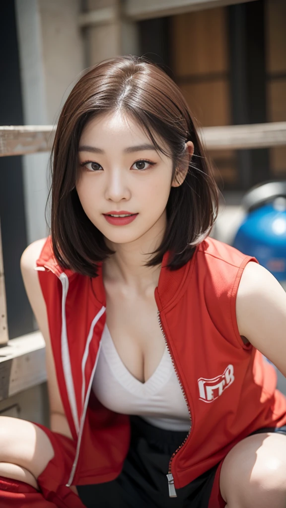 Highly detailed CG unity 8k wallpaper, of the highest quality, Super detailed, masutepiece, Realistic, photographrealistic, extremely detailed cute girl, 25yo, cleavage , (perspired) ,  Round eyes, peeping at the viewer,  Blush, Smile, parted lip, Semi-body shot , Realistic、track suit、Realistic reproduction with vests ,  Panties , Squat, sports gym, short  hair 