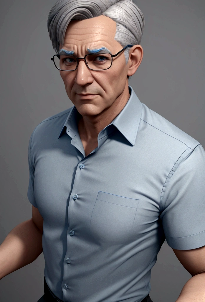 man, 3D pixar style, very short, slightly gray hair, with blue dress shirt