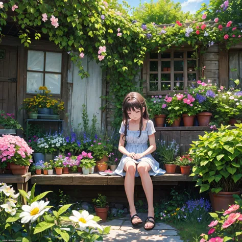 spring has arrived, a girl is busy taking care of flowers in the small garden in her yard, sunlight exposure, warm color, vibran...