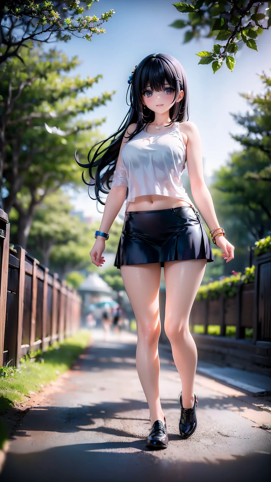 A very beautiful 21-year-old mother and her very cute 10-year-old daughter are having a fun walk in the park、Tank top、mini skirt、Long Hair、Slim body、Thin legs、Beautiful body、high resolution、8K、(smile)