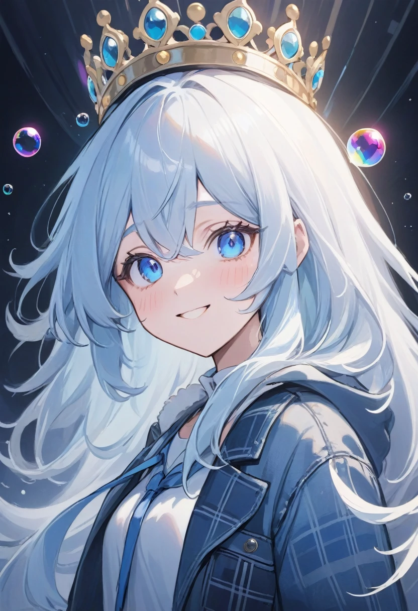 furina,1girl, blue eyes, solo, hat, long hair, looking at viewer, smile, blue hair, bangs, bubble, hair between eyes, white hair, , closed mouth, crown, multicolored hair, air bubble, light rays, ribbon, virtual youtuber, gem(best quality), Instead of furina's default outfit, she's wearing a plaid jacket and jeans.