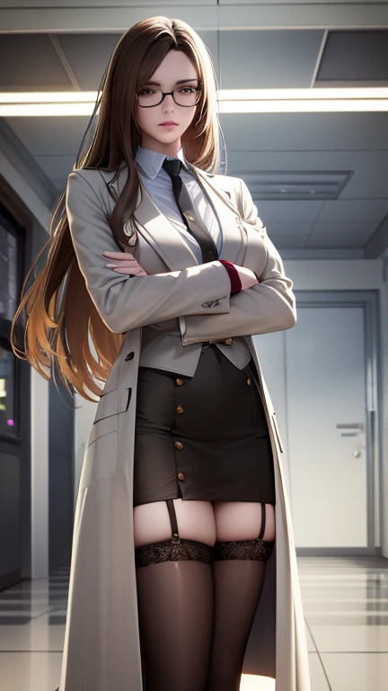 , 1woman, extremely detailed face and hair, long straight brown hair, brown eyes, wearing lab coat, short skirt, black stocking, wearing glasses, modern laboratory, natural lighting, highly detailed, 8k, octane render, cinematic lighting, photorealistic, professional photography, cool, poker face, Focus,crossed arms,