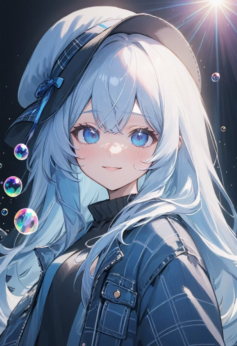 furina,1girl, blue eyes, solo, hat, long hair, looking at viewer, smile, blue hair, bangs, bubble, hair between eyes, white hair, , closed mouth, multicolored hair, air bubble, light rays, ribbon, virtual youtuber, gem(best quality), Instead of furina's default outfit, she's wearing a plaid jacket and jeans, Otaku, black sunglasses