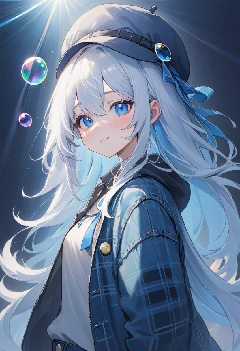 furina,1girl, blue eyes, solo, hat, long hair, looking at viewer, smile, blue hair, bangs, bubble, hair between eyes, white hair, , closed mouth, multicolored hair, air bubble, light rays, ribbon, virtual youtuber, gem(best quality), Instead of furina's default outfit, she's wearing a plaid jacket and jeans, Otaku, black sunglasses