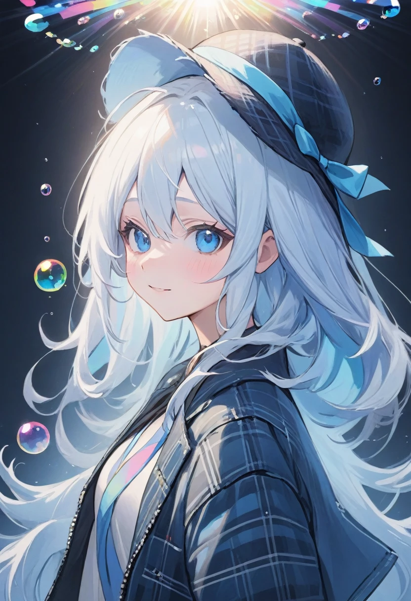 furina,1girl, blue eyes, solo, hat, long hair, looking at viewer, smile, blue hair, bangs, bubble, hair between eyes, white hair, , closed mouth, multicolored hair, air bubble, light rays, ribbon, virtual youtuber, gem(best quality), Instead of furina's default outfit, she's wearing a plaid jacket and jeans, Otaku, black sunglasses