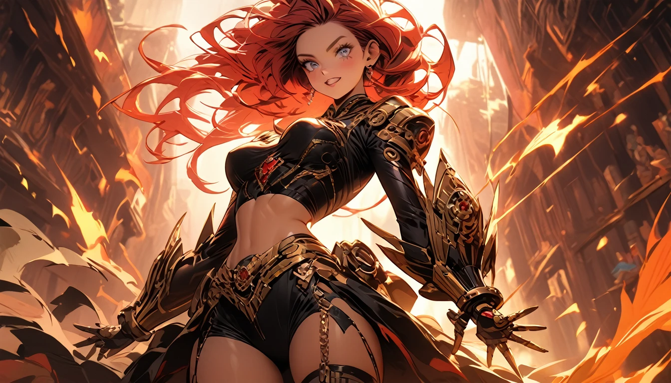 1girl, solo, masterpiece, best quality, 8k, detailed skin texture, detailed polished metal textures, light reflections off of metal surfaces, highly-detailed eyes, extremely detailed face, intricately detailed auburn hair, ultra-detailed mecha exoskeleton, beautifully detailed body, insanely detailed background, bold colors, A stunningly beautiful, extremely fit girl, with a long braided ponytail, wearing full body mechanized body armor is firing two hand cannons. (((Streaks of bright red and orange are coming out of the barrels of both weapons))) (((along with fire and smoke from the bullets exiting the guns at high velocity))). (She has large bright blue eyes):1.3, (a button nose, perfectly shaped lips):1.2, and (immaculate, flawless, brilliant-white teeth):1.15, (((gritted in determination as she battles her enemies))). (((She has a lean waist, an extremely toned midriff):1.31, slender thighs):1.32, slim calves):1.19, and (flawless large breasts):1.42, (there are laser bolts and explosions all around her):1.33, and the scene is very (chaotic:1.3), detailed line work and delicate, flowing brushstrokes, giving the artwork a dreamlike and ethereal quality the art style is heavily influenced by traditional Japanese art and calligraphy, as well as Western art movements such as Art Nouveau and Surrealism, incorporating intricate patterns and decorative elements into the artwork, as well as motifs from nature such as predators, lightning, and fire, featuring a bold palette and vivid shades of red, blue, green, and purple, also using silver and gold mettalic accents to add a sense of opulence and regality.  (((cinematic movie still, masterpiece, best quality, absurd resolution, 8k, Monte Carlo Ray Tracing:1.2, path traced subsurface scattering))), (((HDR, UHD, volumetric lighting, Unreal Engine 5, Unity Engine, Blender, octane render))), (((exquisite subject composition and use of lighting:1.4, exceptional, award-winning shading:1.38, sharp focus:1.35, low angle, 

